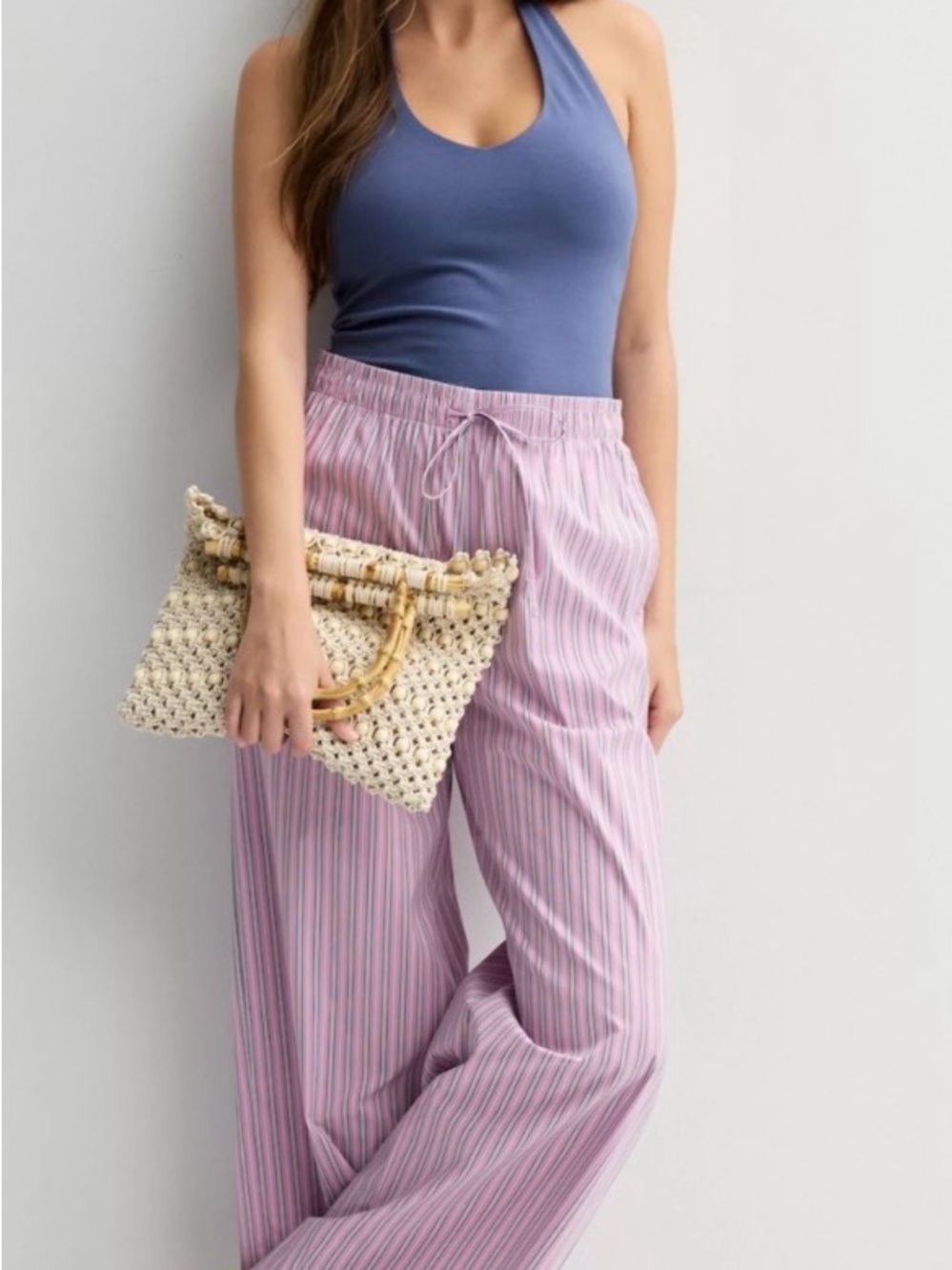 Striped Pink and White Wide-Leg Drawstring Pants